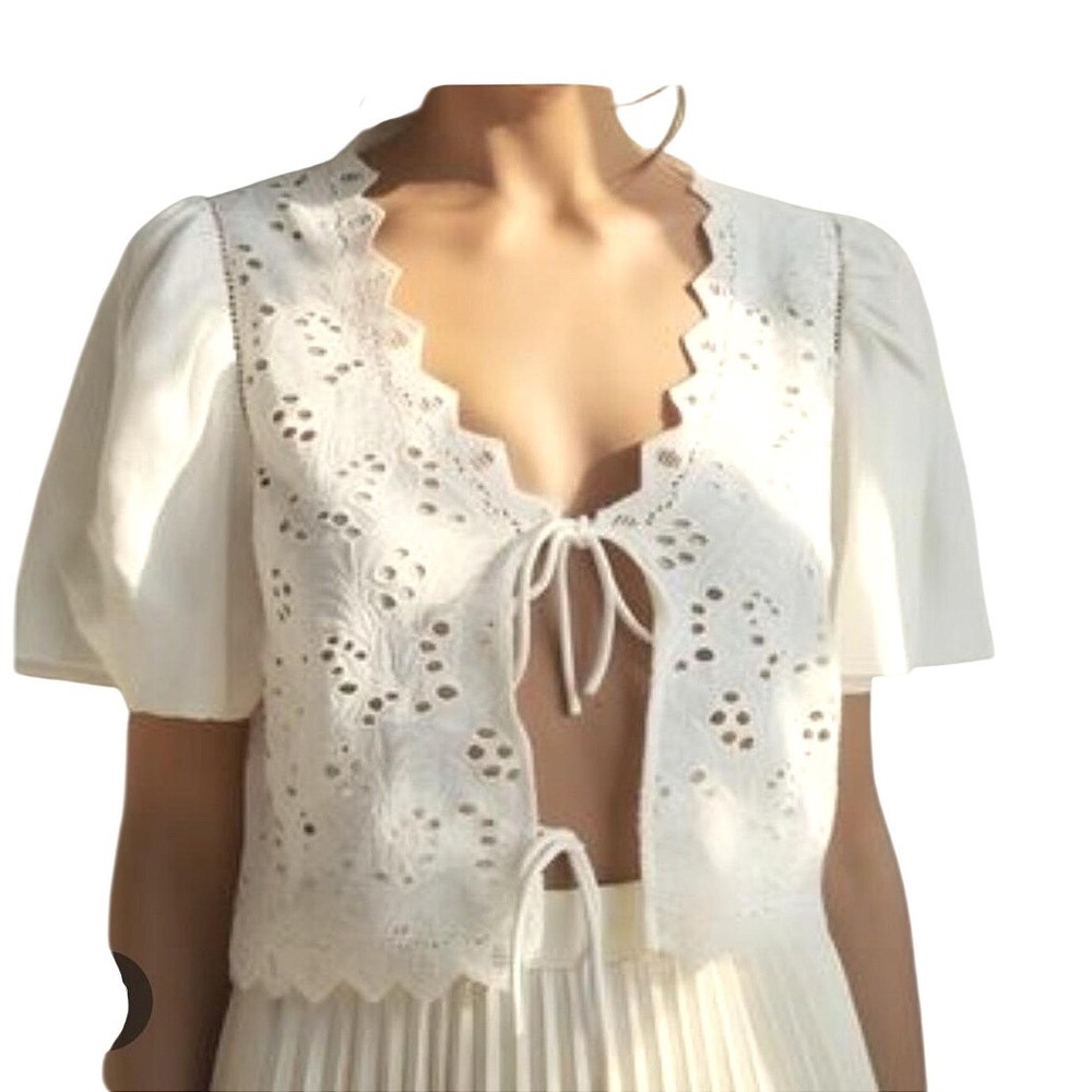 Calypso St Barth Eyelet Tie Front White Blouse Boho Puff Sleeve Cotton L